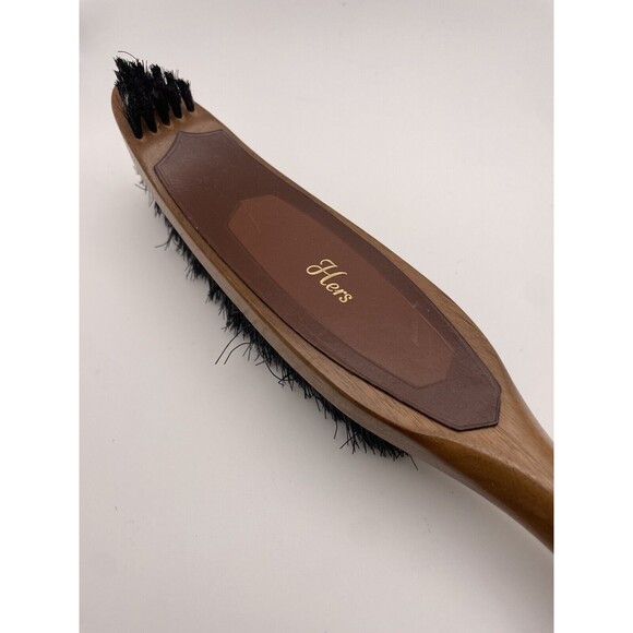 Vintage Wood Lint Clothes Brush HERS Leather w Shoe Horn Handle Double Sided - Picture 1 of 6